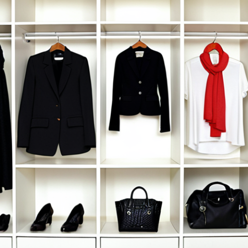 Home 6 **
A neatly organized wardrobe showcasing a capsule wardrobe. Focus on basic clothing items like a white shirt, jeans, a black trouser, a simple top, and a blazer. Include accessories like a scarf, jewelry, and a watch. The wardrobe should look stylish and efficient.
**