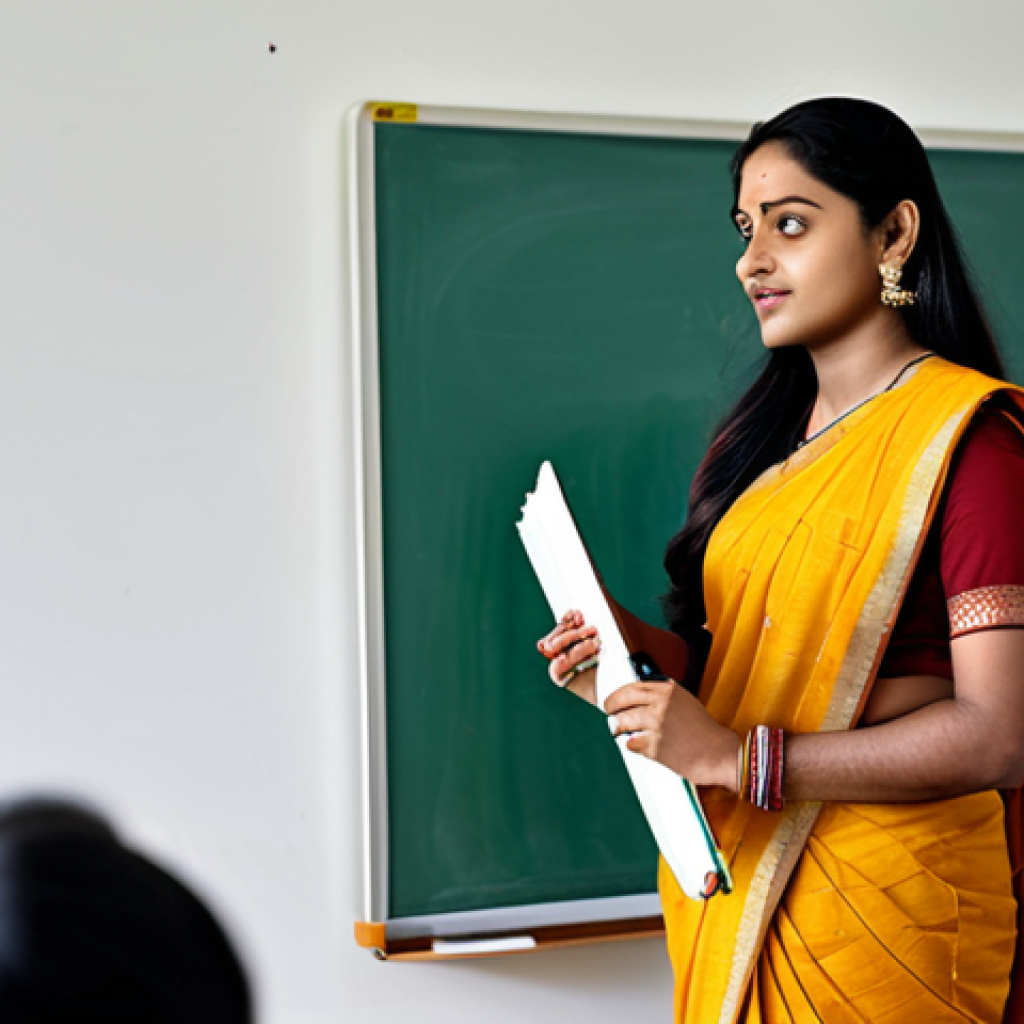 캡슐 옷장으로 인생 샷 남기는 팁 - **Professional Teacher:** A Bengali woman, fully clothed in a modest saree, teaching in a modern cla...