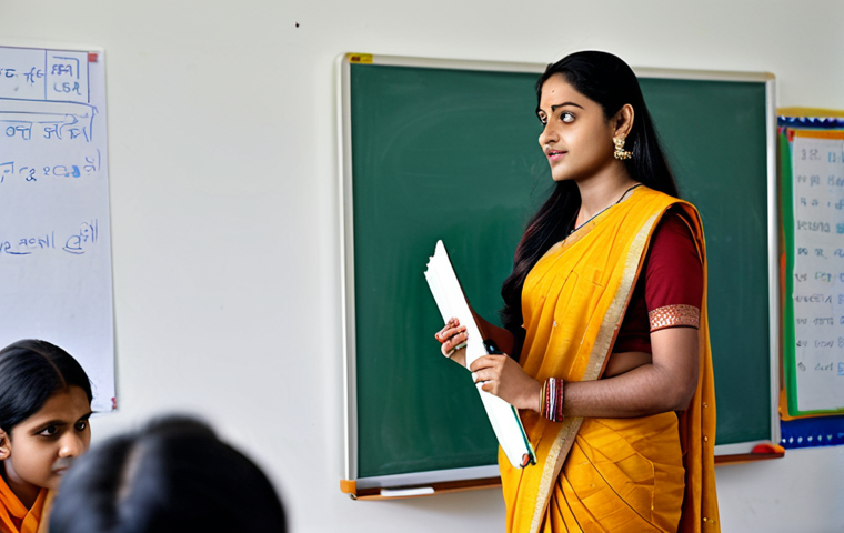 캡슐 옷장으로 인생 샷 남기는 팁 - **Professional Teacher:** A Bengali woman, fully clothed in a modest saree, teaching in a modern cla...