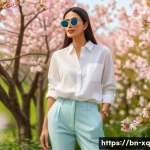 Home 21 계절별 캡슐 옷장 활용한 특별한 날 패션 - A stylish spring capsule wardrobe scene featuring a young adult wearing light pastel-colored clothin...