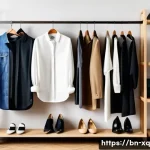 Home 20 캡슐 옷장과 패션 리폼 아이디어 - A stylish capsule wardrobe collection displayed on a neatly organized wooden shelf, featuring high-q...