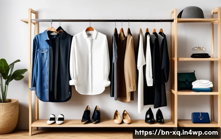 캡슐 옷장과 패션 리폼 아이디어 - A stylish capsule wardrobe collection displayed on a neatly organized wooden shelf, featuring high-q...