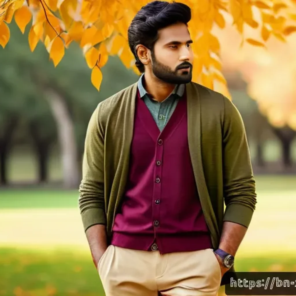 가을철 캡슐 옷장 남성 패션 아이템 - A stylish Bengali man in a cozy autumn setting wearing a fitted maroon linen shirt paired with beige...
