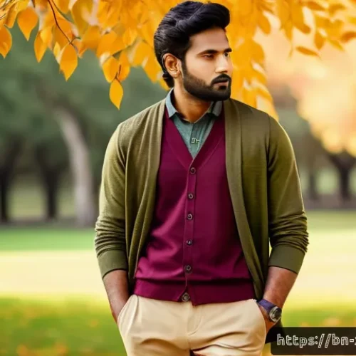 Home 31 가을철 캡슐 옷장 남성 패션 아이템 - A stylish Bengali man in a cozy autumn setting wearing a fitted maroon linen shirt paired with beige...