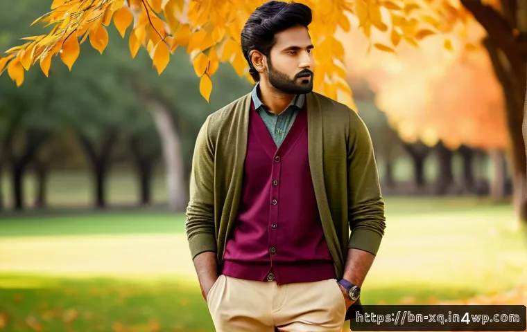 가을철 캡슐 옷장 남성 패션 아이템 - A stylish Bengali man in a cozy autumn setting wearing a fitted maroon linen shirt paired with beige...
