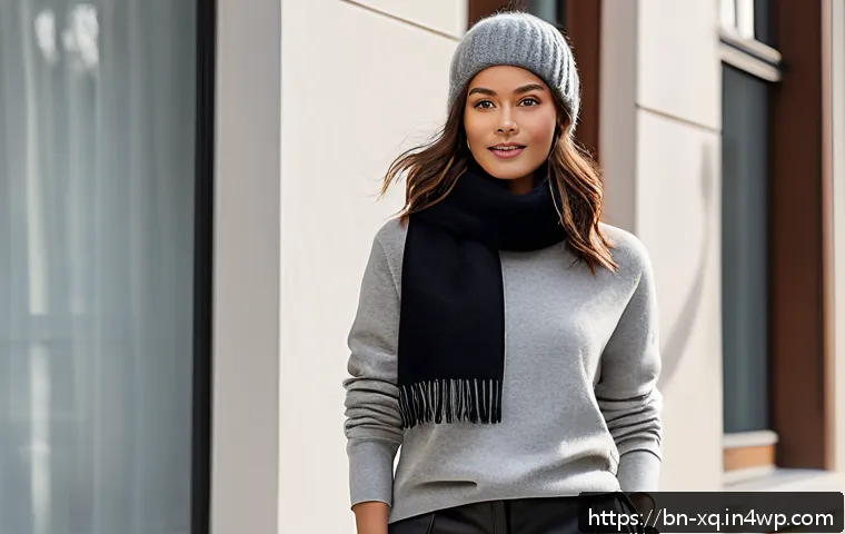 가을철 캡슐 옷장으로 만드는 우아한 룩 - A stylish winter capsule wardrobe scene featuring a person dressed in a cozy grey cashmere sweater l...