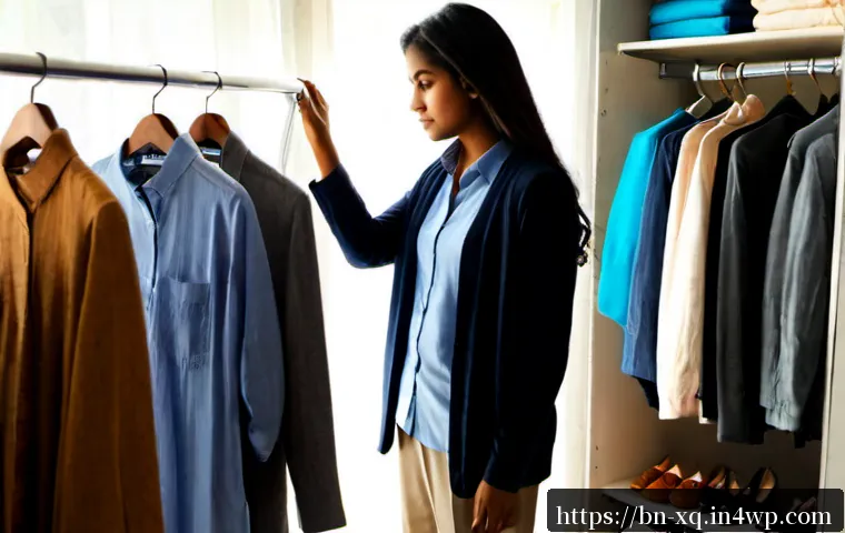 Home 17 캡슐 옷장으로 일주일간 패션 고민 해결하기 - Photorealistic bright bedroom wardrobe scene, a Bengali woman in her 30s thoughtfully selecting from...